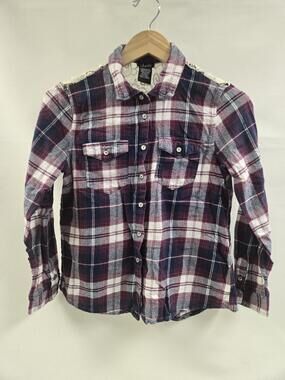 Justify Shirt Womens Large Purple Blue Plaid Button Up Lace Back Western Casual